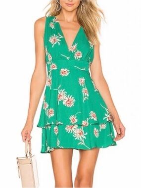 Green Floral V-Neck Tiered Mini Dress
